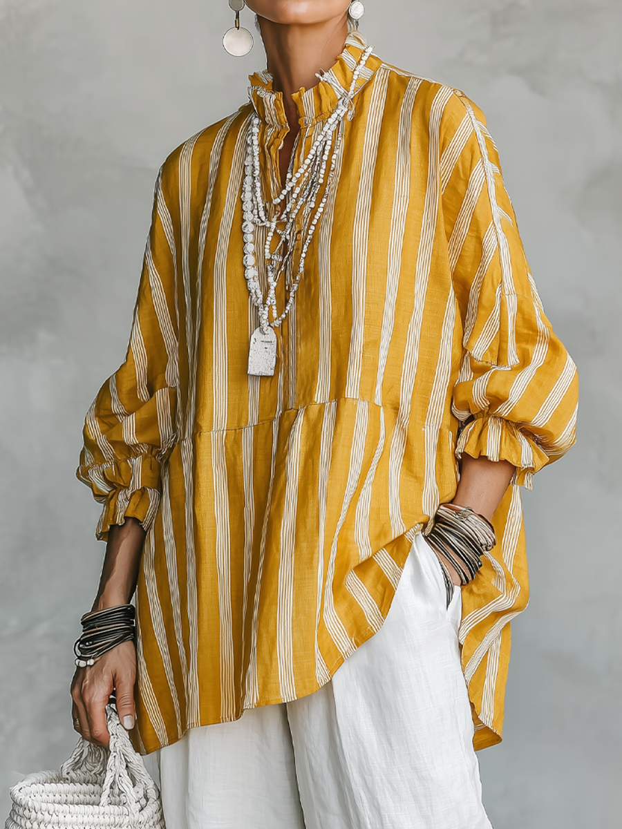 Blusa a righe collo coreano - giallo