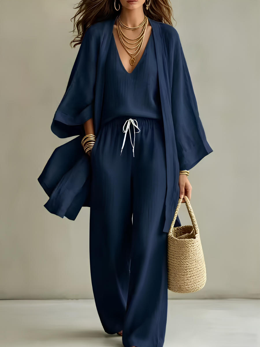 Ornella | Completo Casual in Lino a 3 Pezzi - Blu Navy