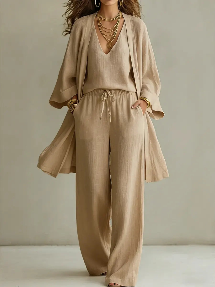 Ornella | Completo Casual in Lino a 3 Pezzi - Kaki