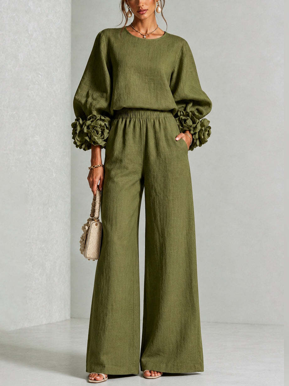 Liliana | Completo Due Pezzi con Polsini Floreali - Verde