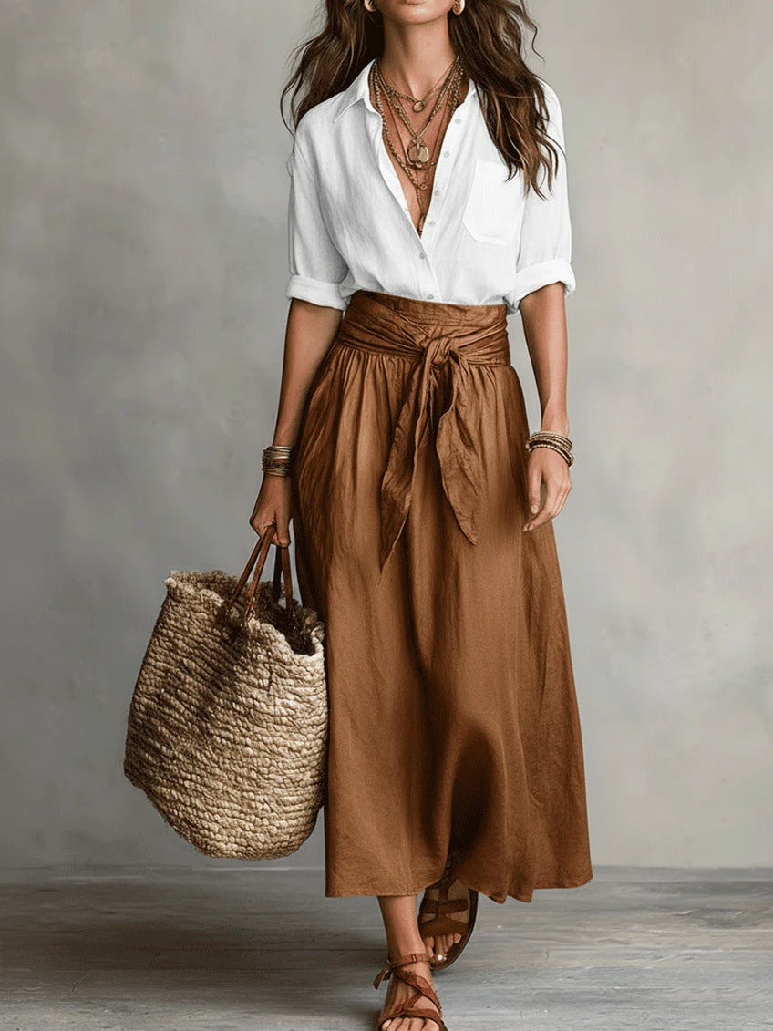 Marisa | Completo Midi con Fascia in Vita - Marrone