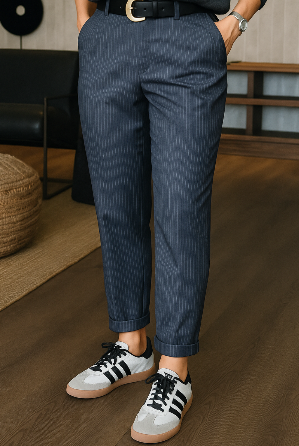 Pantaloni eleganti a righe, look completo
