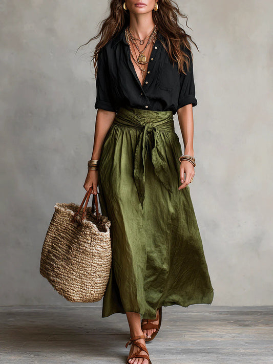 Marisa | Completo Midi con Fascia in Vita - Nero e Verde