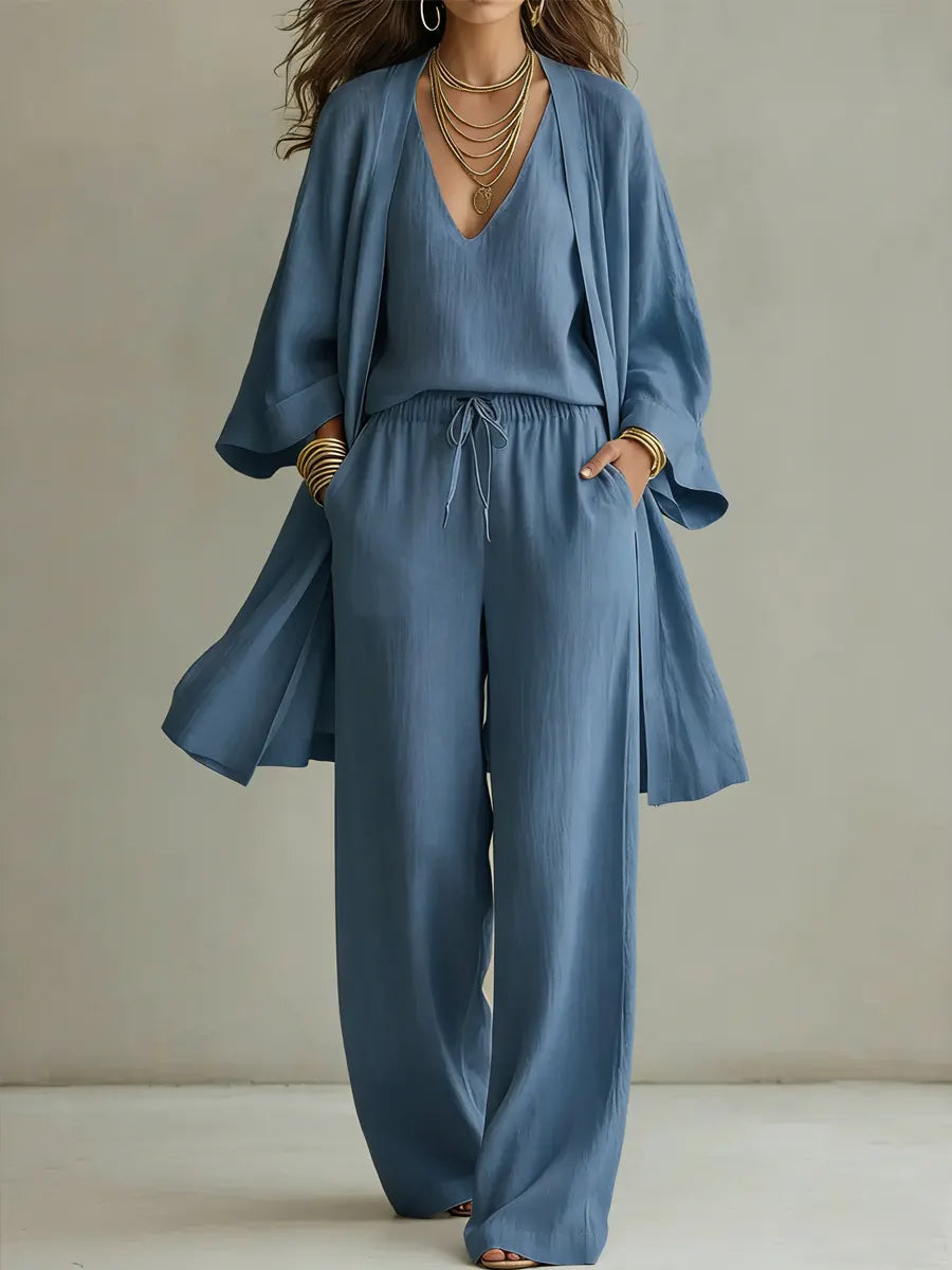 Ornella | Completo Casual in Lino a 3 Pezzi - Blu